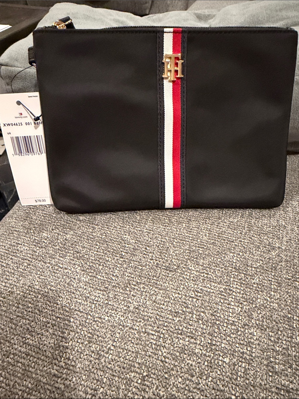 Tommy Hilfiger Black wristlet Pouch with Red & White Center Stripe NWT
